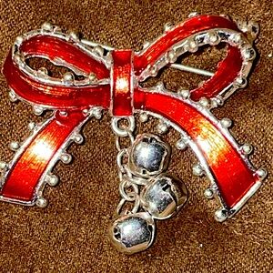 Vintage Bright Red Ribbon Silver Bells Brooch